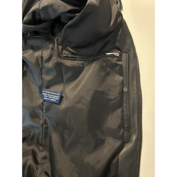Vtg Pops Black Soft Leather Jacket Full Zip Blue Stitching Unisex Medium Large - Picture 9 of 12